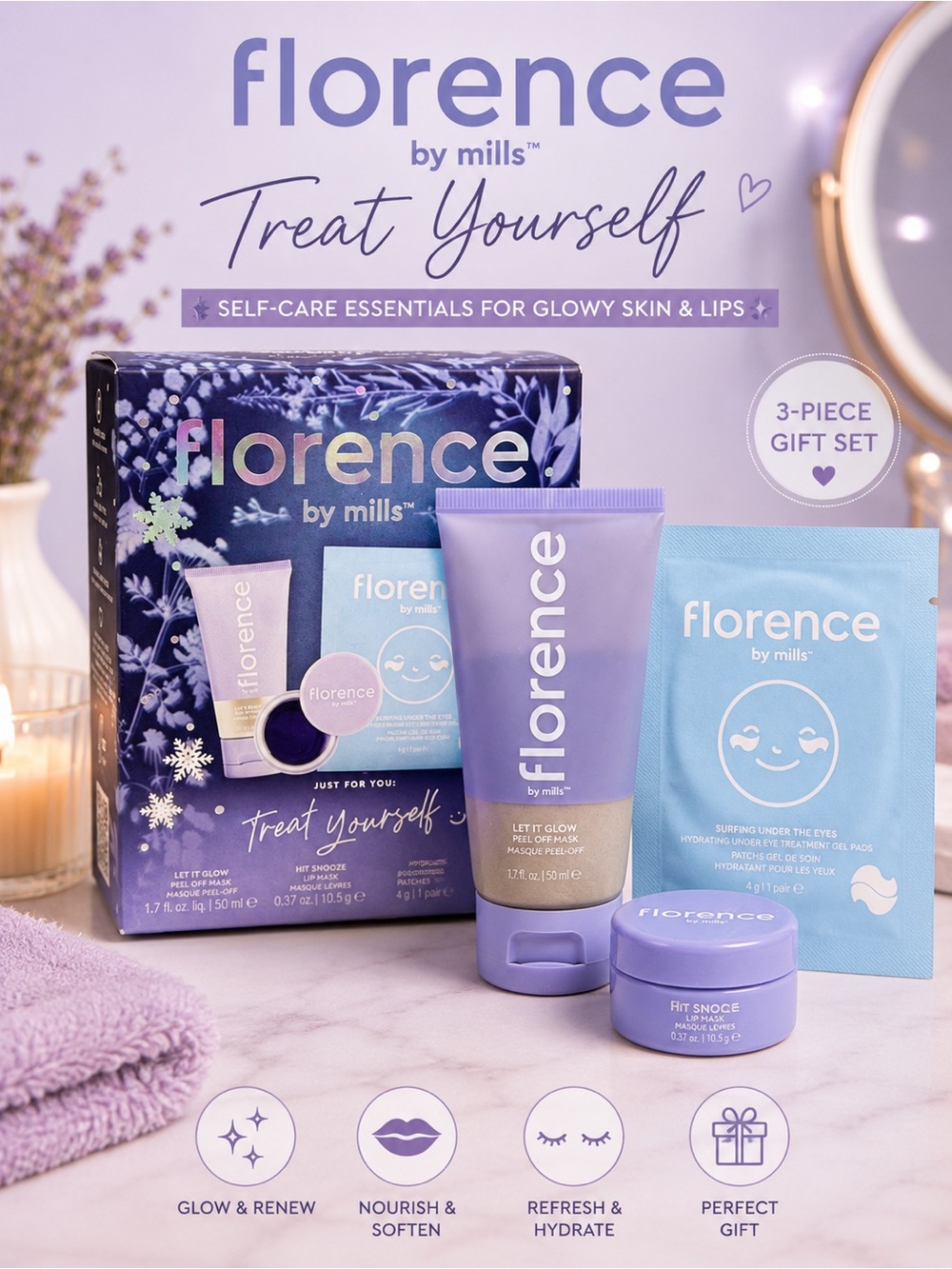 Florence by Mills Treat Yourself Skincare Gift Set NIB Face & Lip Care